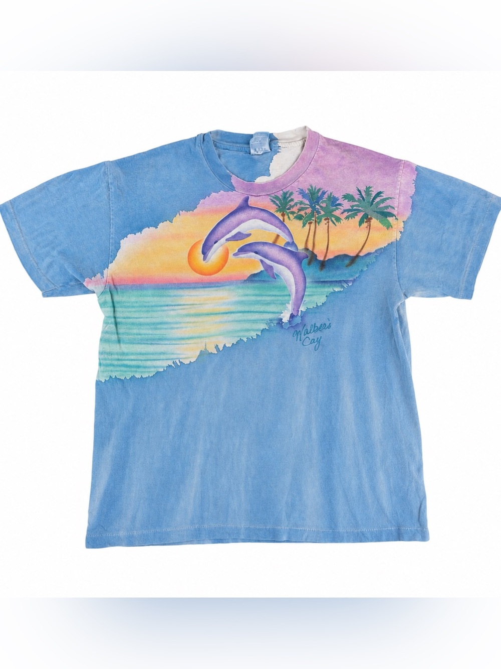 Vintage 90s Hanes Beefy Size L Dolphin Tropical Sunset Airbrush All Over T-Shirt